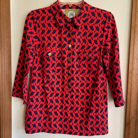 ELIZABETH MCKAY Chain Link Red Blue Pull Over Button Elbow Sleeve Top M - Picture 3 of 17